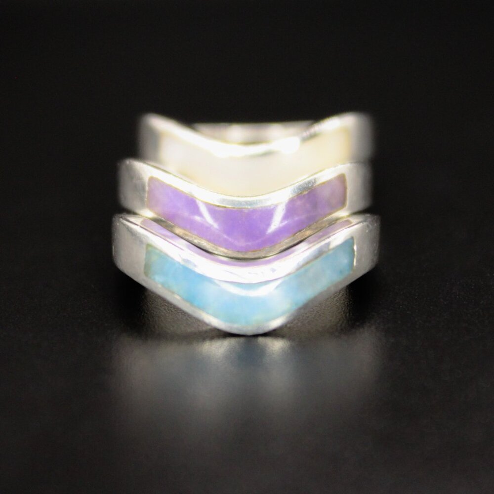 925 Sterling Silver GSI Pastel Mother of Pearl Inlay Stackable 3 Ring Set
